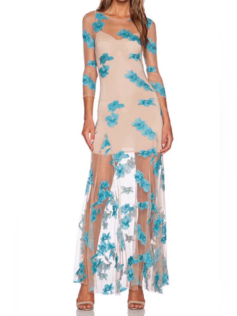 For Love & Lemons Orchid Maxi Dress in Aqua Floral Appliqué S NWOT